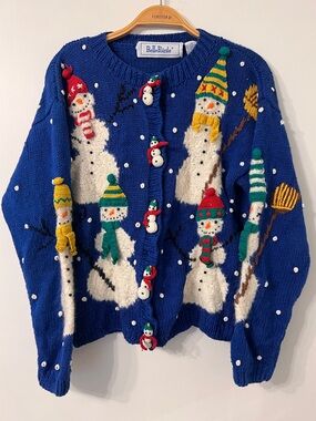 VINTAGE BELLE POINTE SNOWMAN CHRISTMAS KNIT CARDIGAN SWEATER ✨
